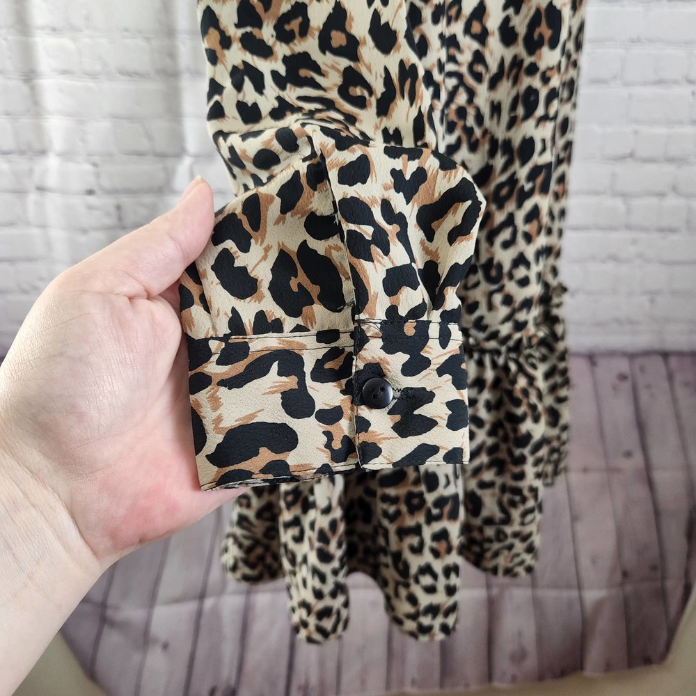 Asos Women's High Ruffle Neck Long-sleeve Leopard Tiered Mini Dress 6 - Picture 2 of 8